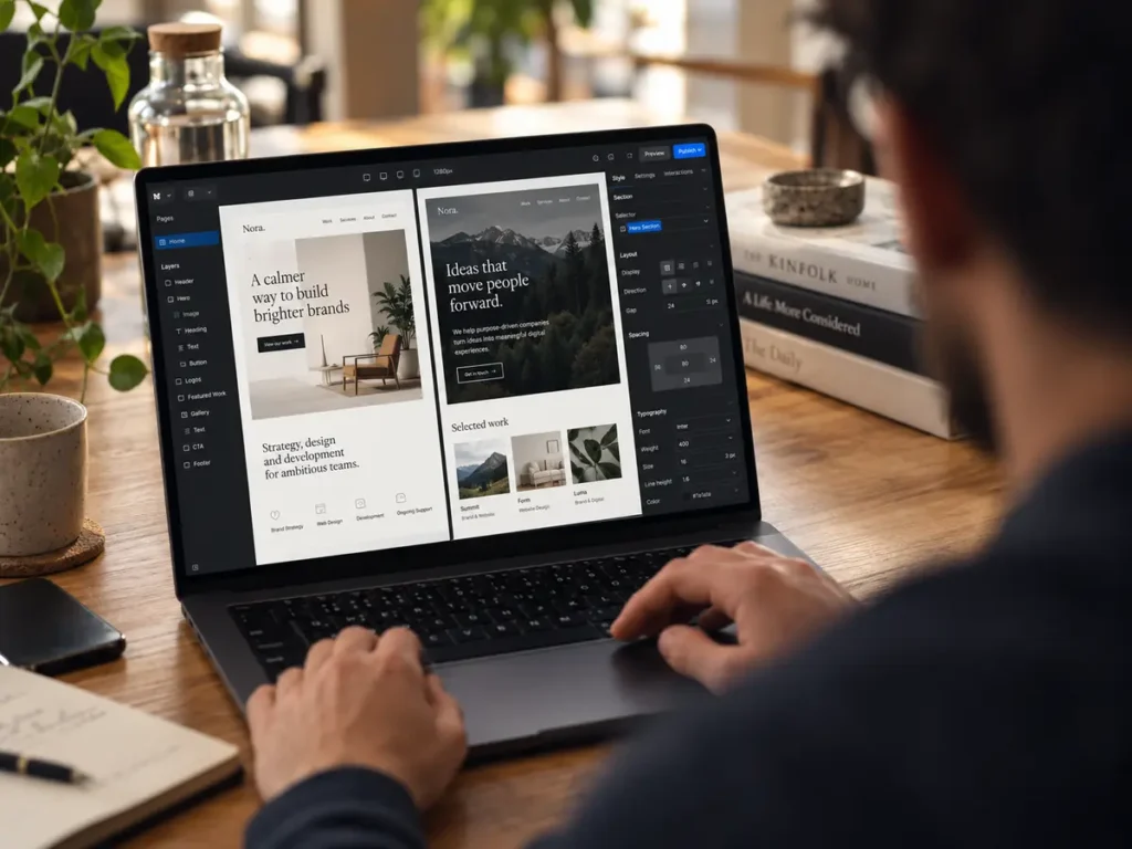 Laptop met een websiteontwerp in de editor op een werktafel