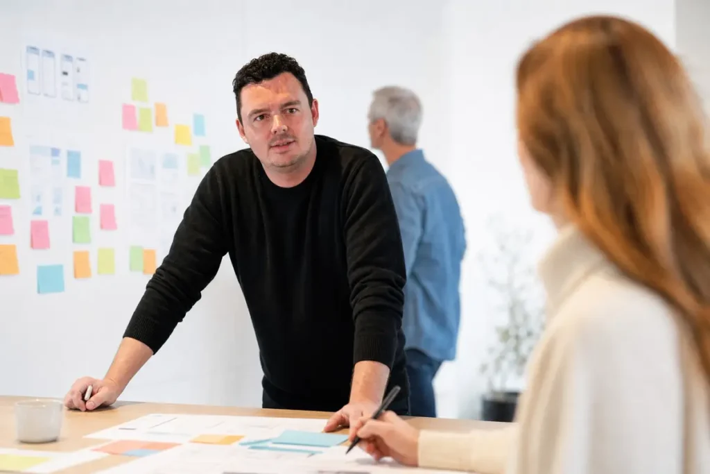 Tom werkt met klanten een strategie uit op een wand met notities